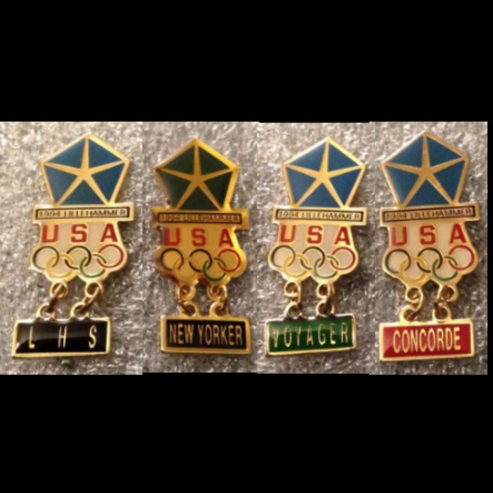4 Lillehammer 1994 Olympic Pins ~ Chrysler LHS ~ New Yorker ~ Voyager ~ Concorde